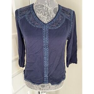 ALTAR’d STATE Navy vintage 3/4 sleeve Lace Accent BOHO PEASANT TOP Blouse XS/S
